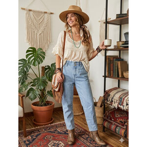 MNG Retro Boho High-Waisted Paperbag Mom Jeans | Size 13-14 (164cm) Light Wash